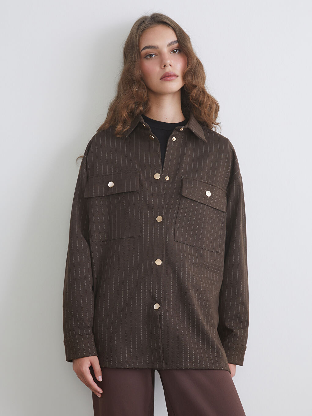 Bej Çizgili Oversize Kadın Gömlek Tunik-2