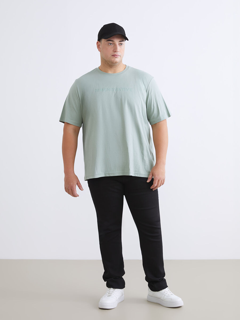 Yeşil Büyük Beden Bisiklet Yaka Baskılı Penye Erkek Tişört-1