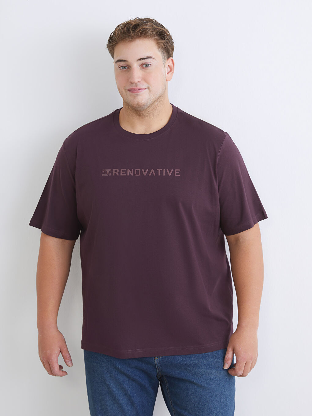 Mürdüm Büyük Beden Bisiklet Yaka Baskılı Penye Erkek Tişört