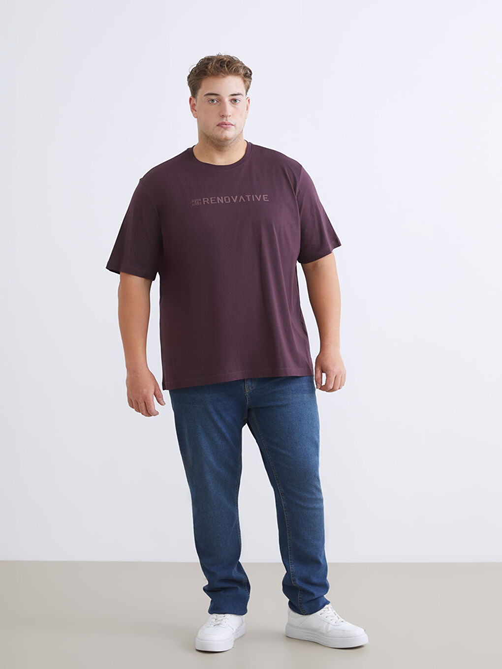 Mürdüm Büyük Beden Bisiklet Yaka Baskılı Penye Erkek Tişört-1