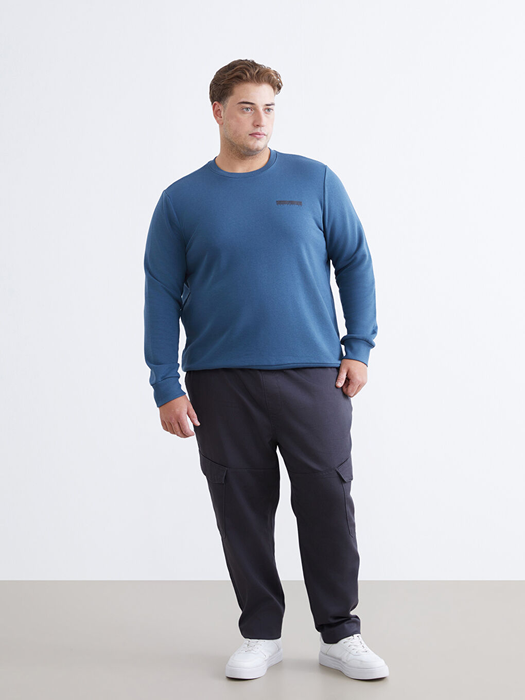 Lacivert Bisiklet Yaka Baskılı Erkek Sweatshirt-1