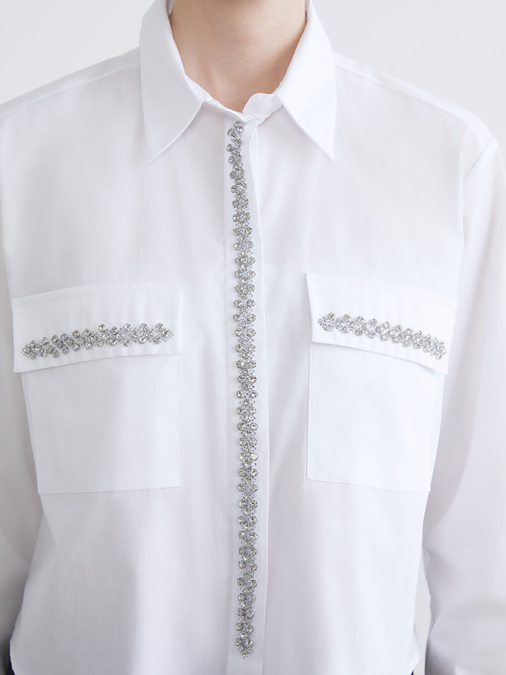 Beyaz Taşlı Oversize Kadın Gömlek-2