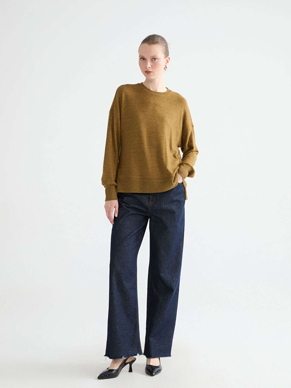 Sarı Bisiklet Yaka Oversize Kadın Sweatshirt-1