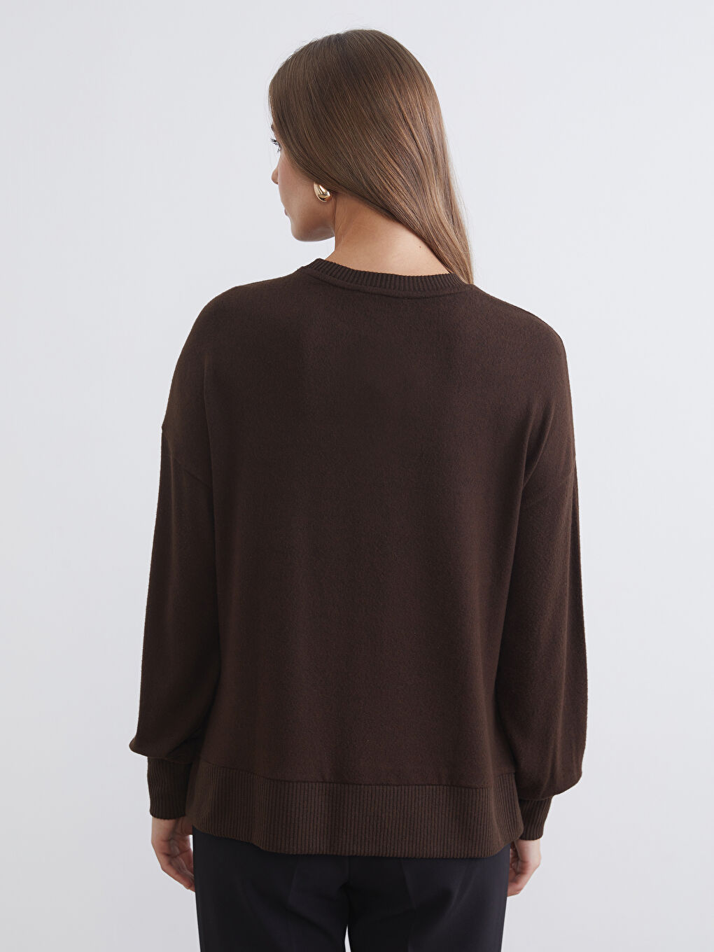 Kahverengi Bisiklet Yaka Oversize Kadın Sweatshirt-3