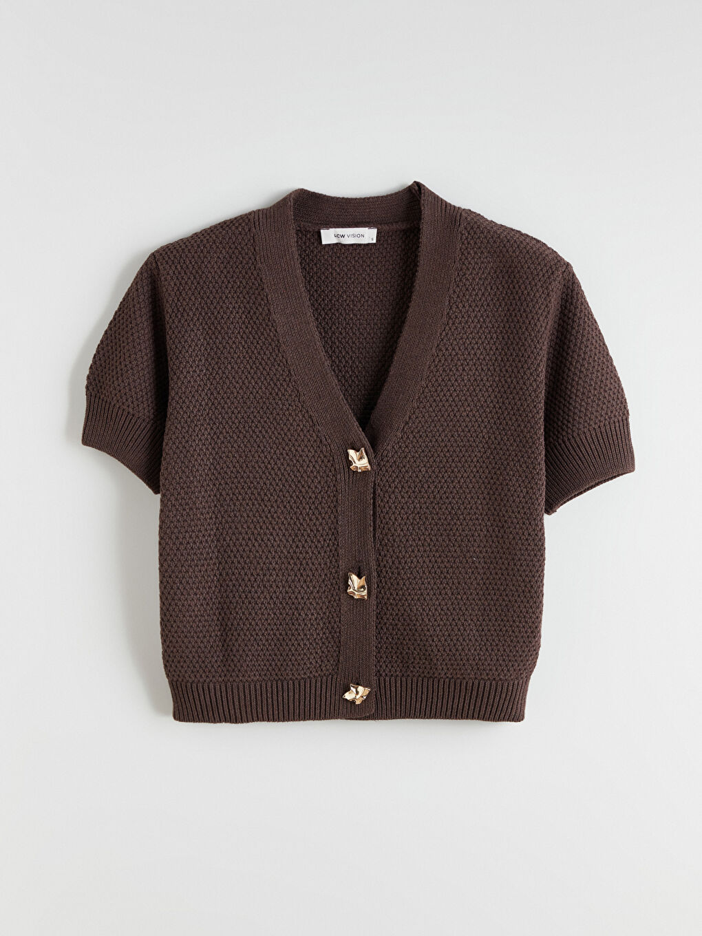 Kahverengi Kısa Kollu Düğme Detaylı Kadın Triko Hırka-4