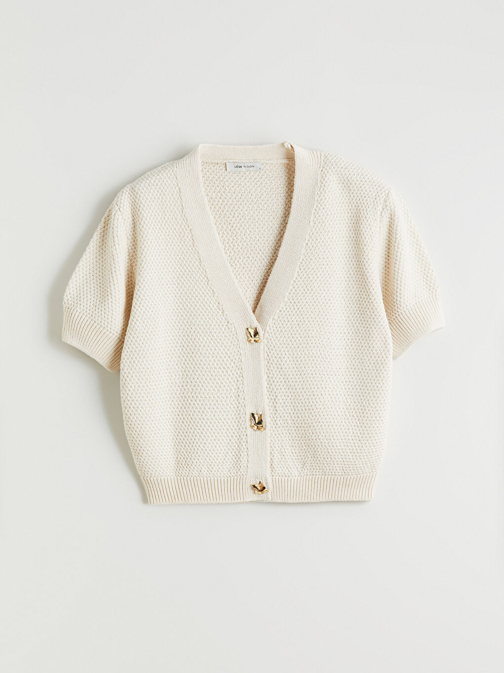 Bej Kısa Kollu Düğme Detaylı Kadın Triko Hırka-4