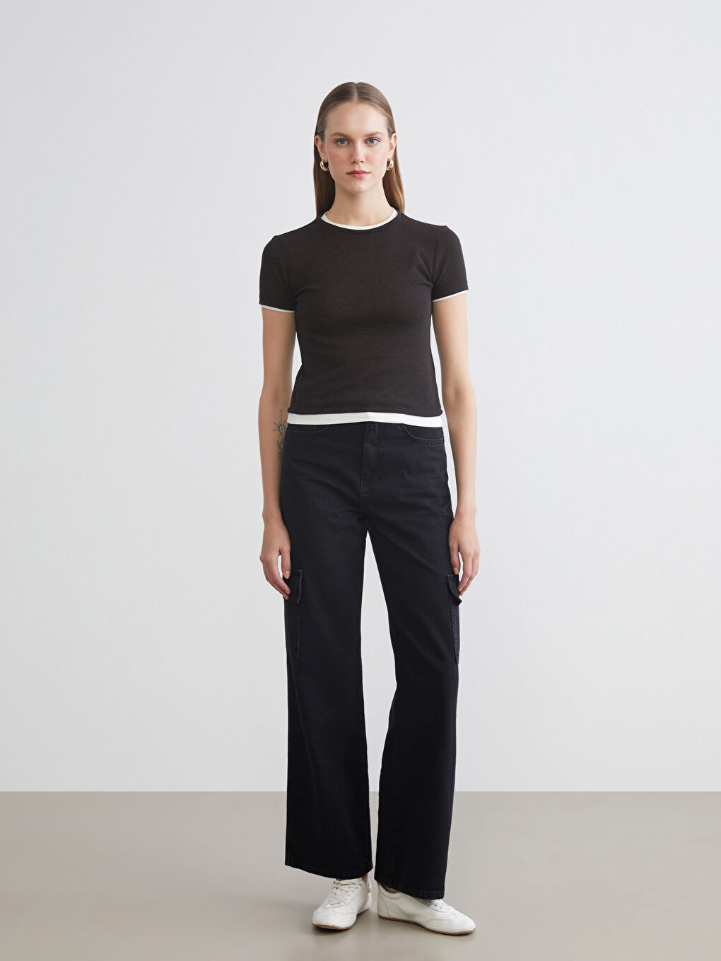 Siyah Wideleg Kadın Kargo Jean Pantolon