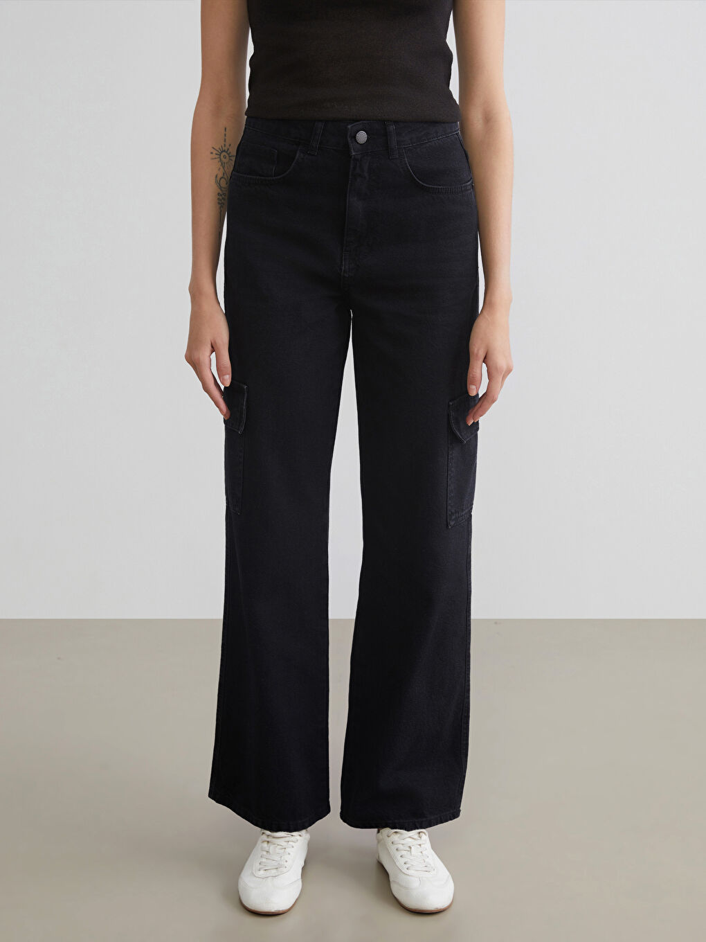 Siyah Wideleg Kadın Kargo Jean Pantolon-1
