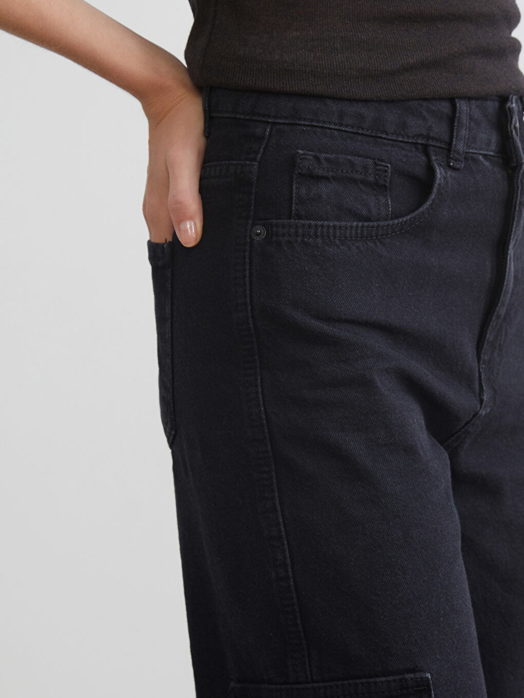 Siyah Wideleg Kadın Kargo Jean Pantolon-2