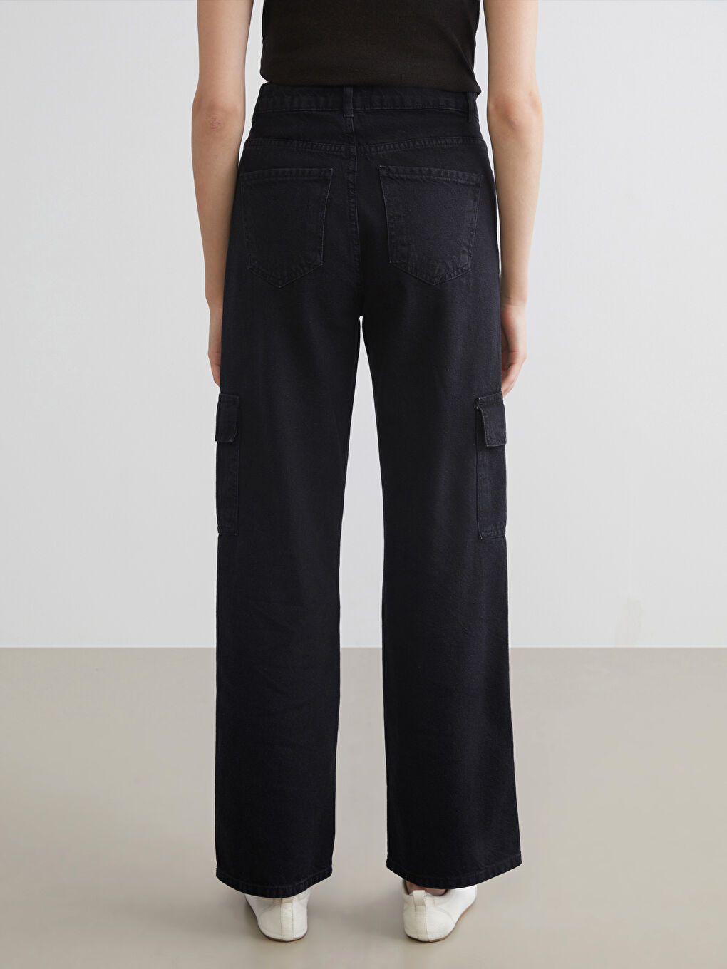 Siyah Wideleg Kadın Kargo Jean Pantolon-3