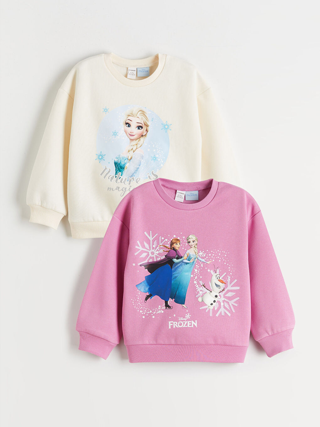 Ekru Bisiklet Yaka Elsa Baskılı Kız Çocuk Sweatshirt 2'li