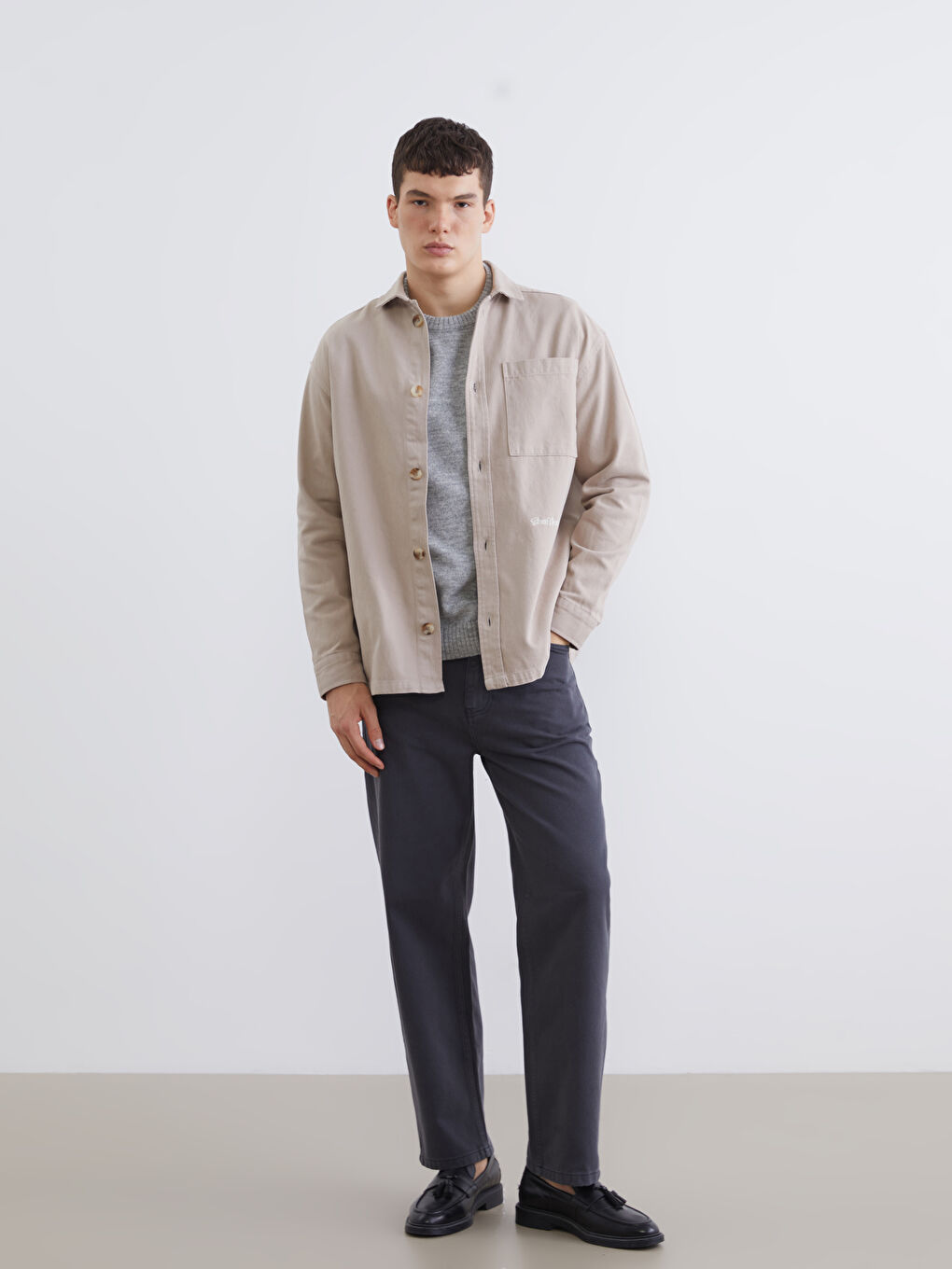 Bej Rahat Kalıp Uzun Kollu Erkek Gömlek Ceket-1