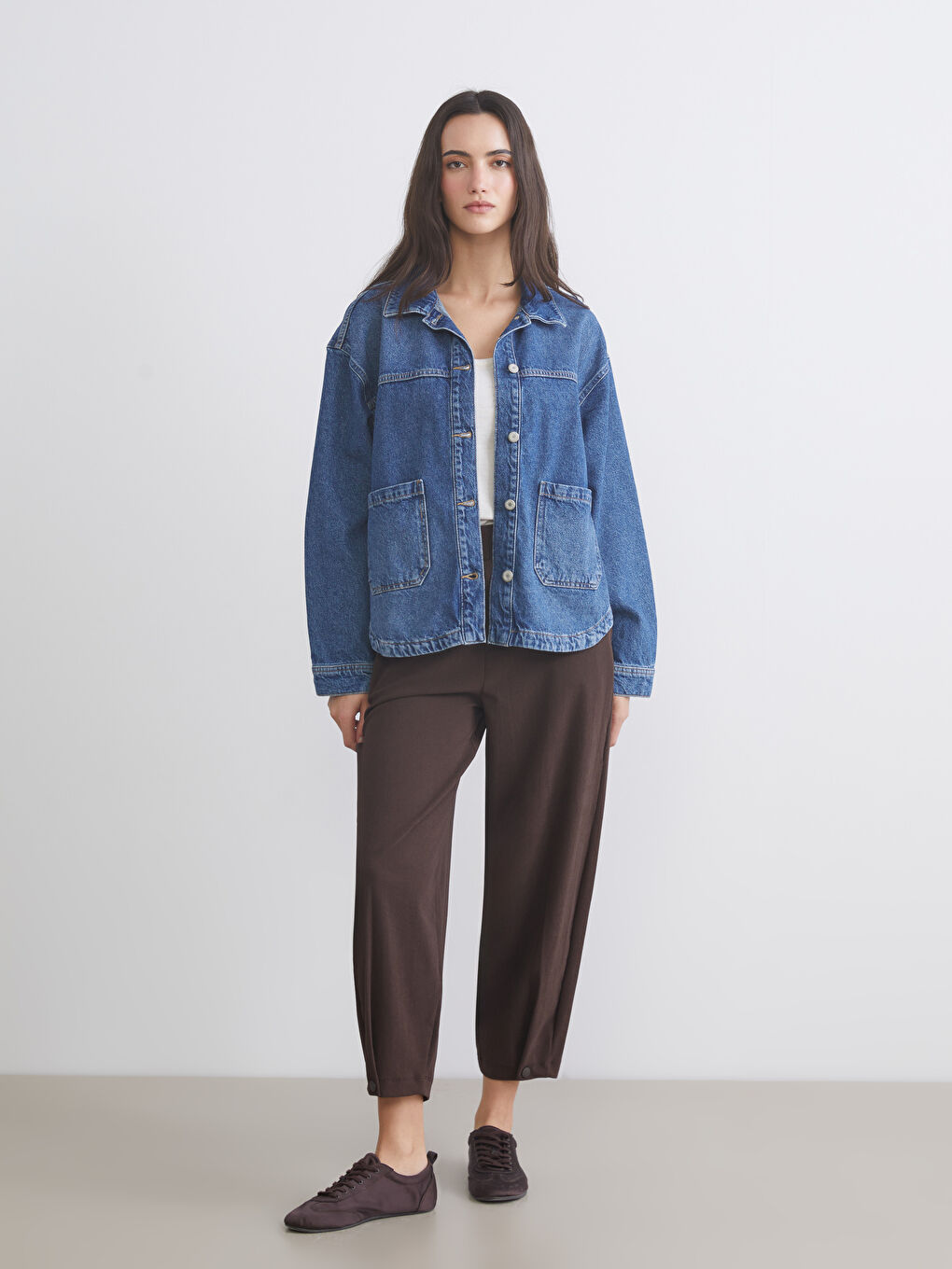 İndigo Oversize Kadın Jean Gömlek-1