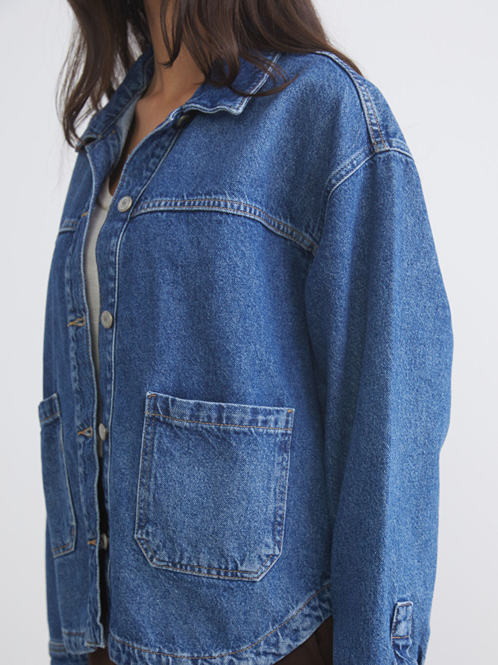 İndigo Oversize Kadın Jean Gömlek-2