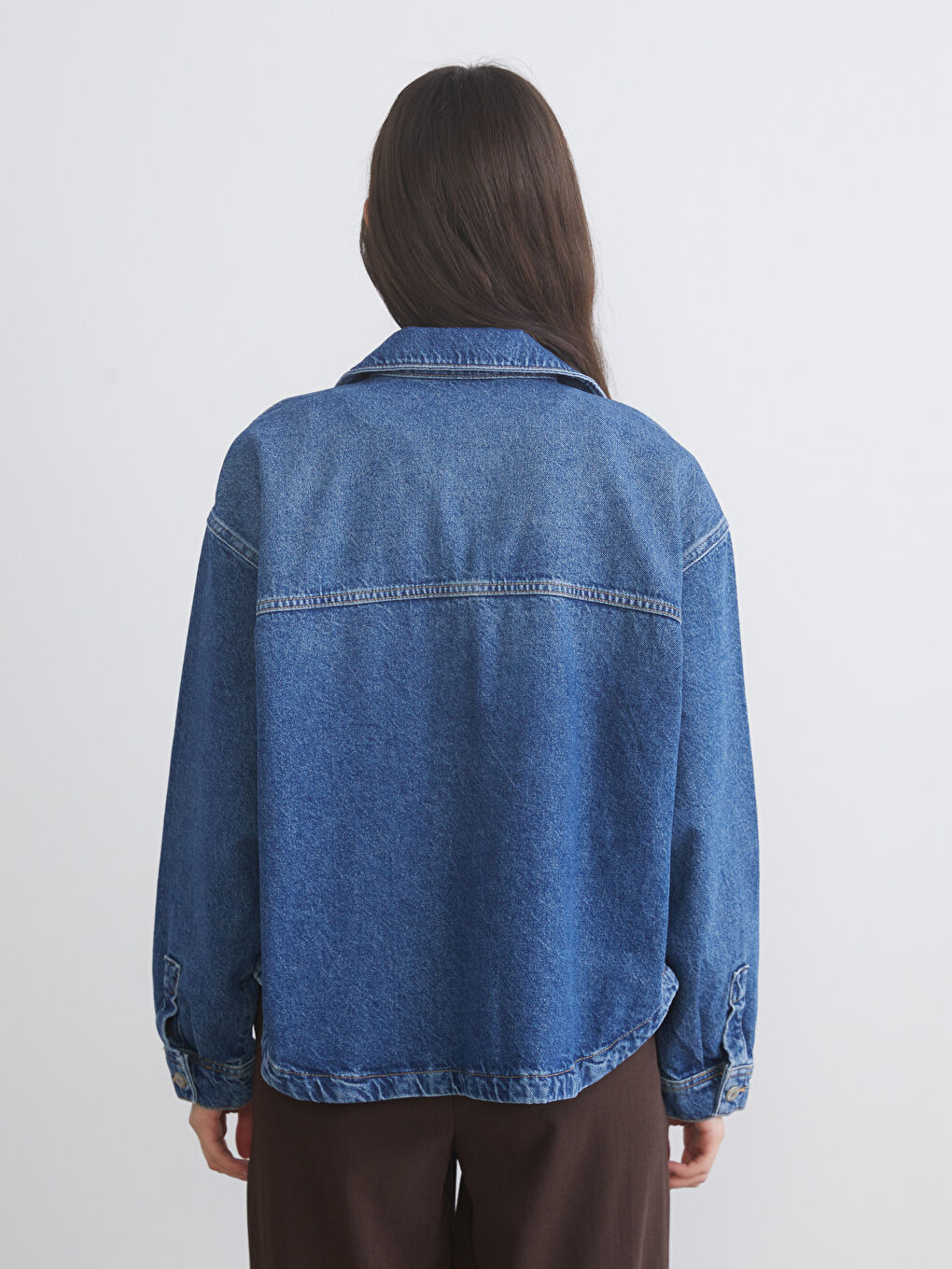 İndigo Oversize Kadın Jean Gömlek-3