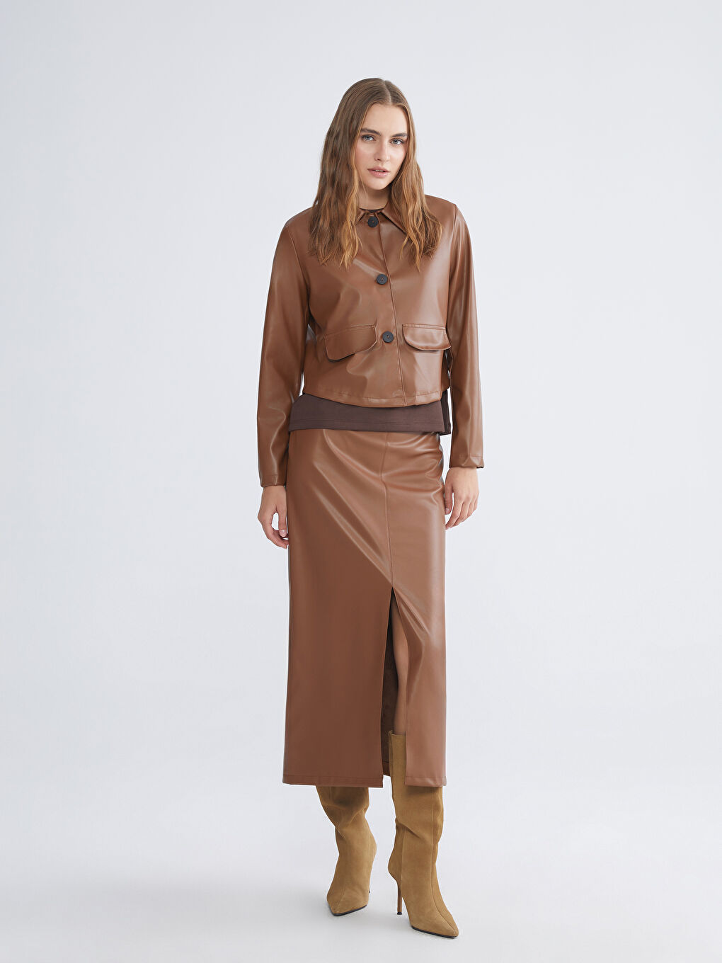 Яке от изкуствена кожа с яка за жени-1