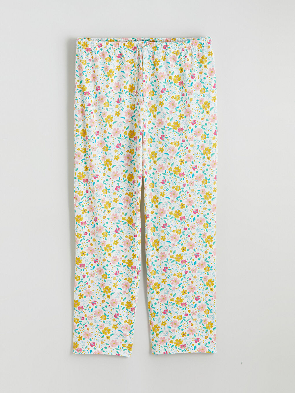 Ekru Beli Lastikli Çiçekli Kadın Pijama Altı