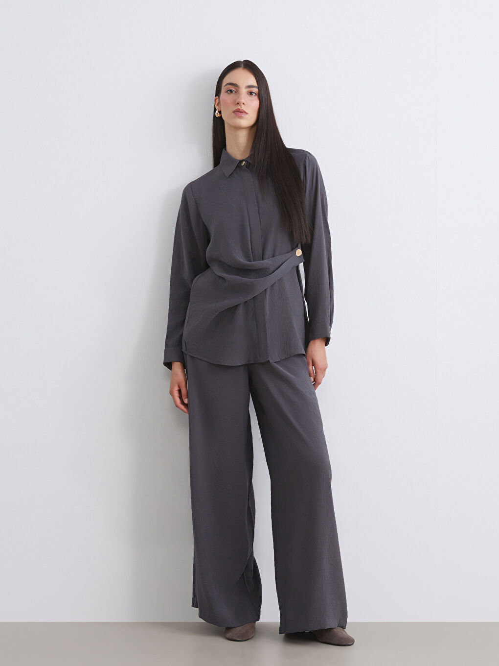 Antrasit Beli Lastikli Modal Karışımlı Kadın Pantolon