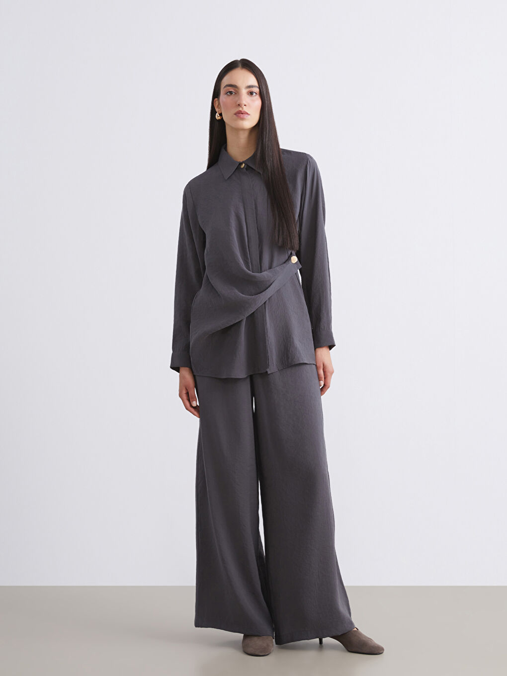 Antrasit Beli Lastikli Modal Karışımlı Kadın Pantolon-1