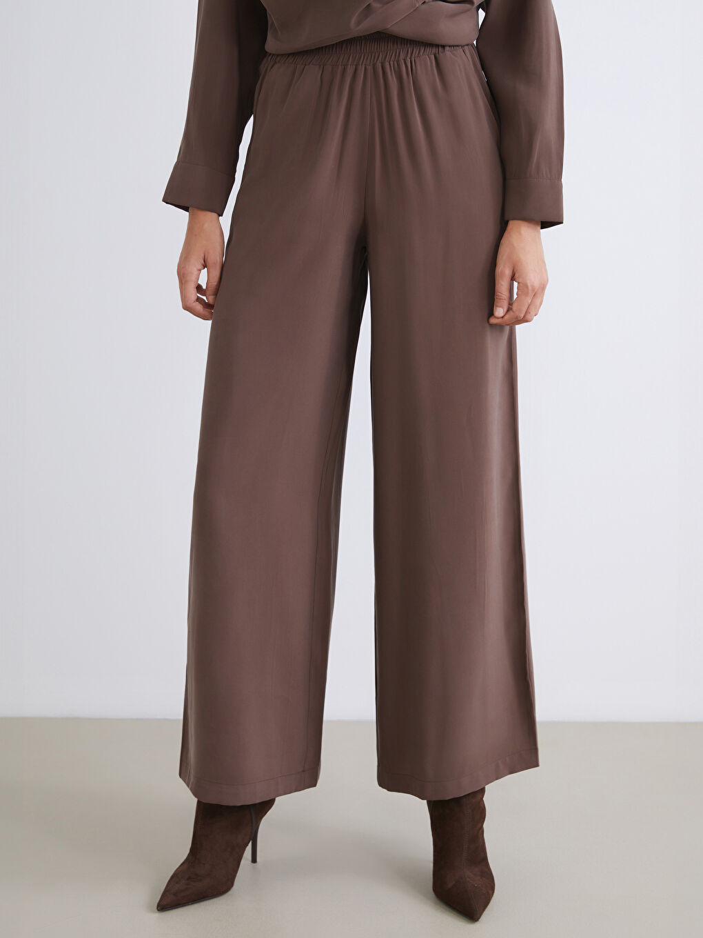 Kahverengi Beli Lastikli Modal Karışımlı Kadın Pantolon-1