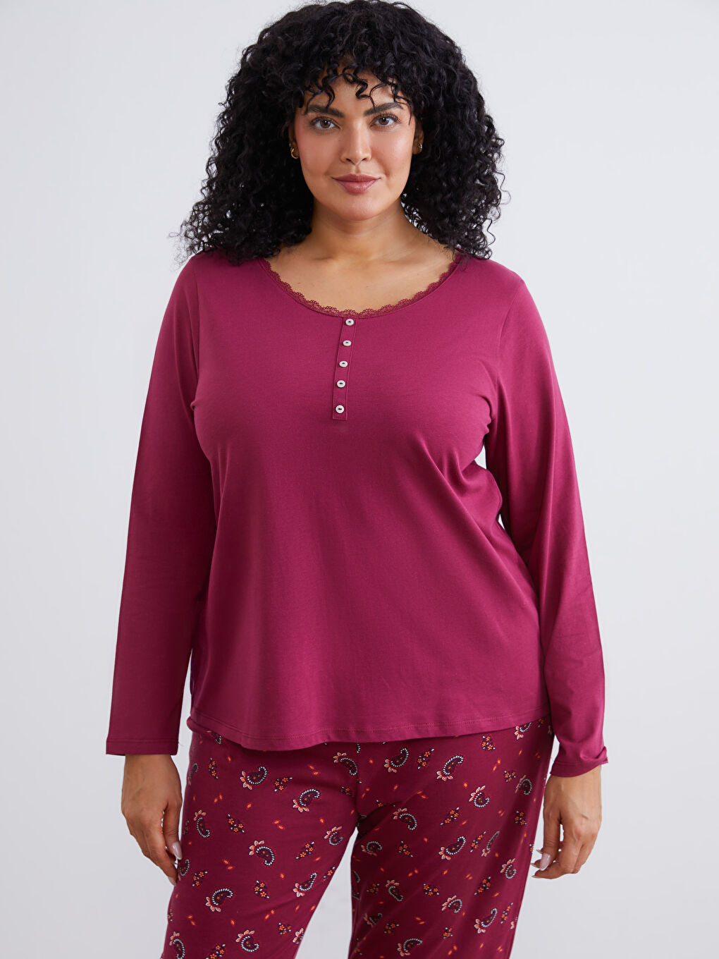 Bordo Bisiklet Yaka Baskılı Kadın Pijama Takımı