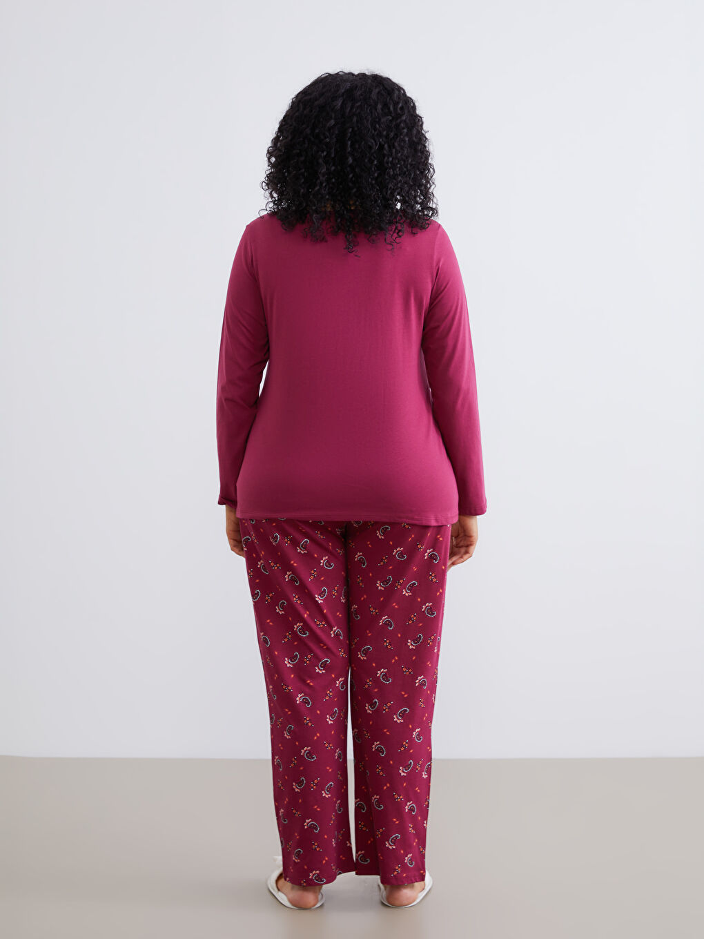 Bordo Bisiklet Yaka Baskılı Kadın Pijama Takımı-3