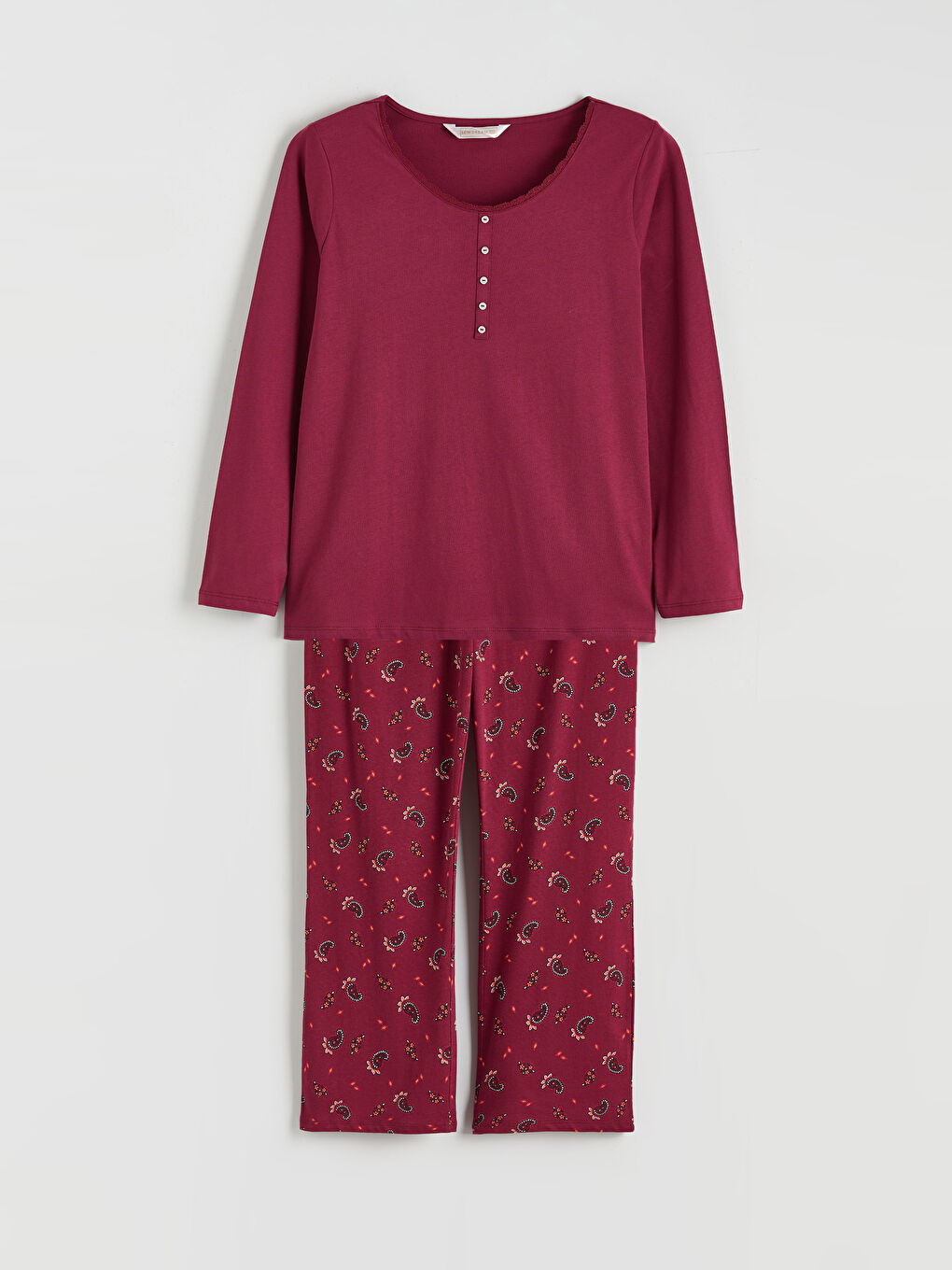 Bordo Bisiklet Yaka Baskılı Kadın Pijama Takımı-4