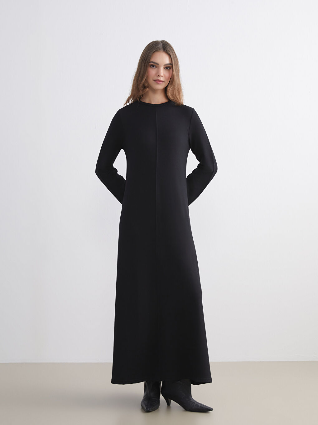 Siyah Bisiklet Yaka A Kesim Elbise-1