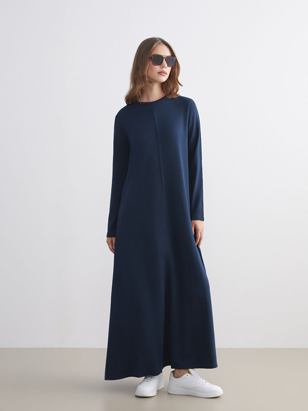 Lacivert Bisiklet Yaka A Kesim Elbise