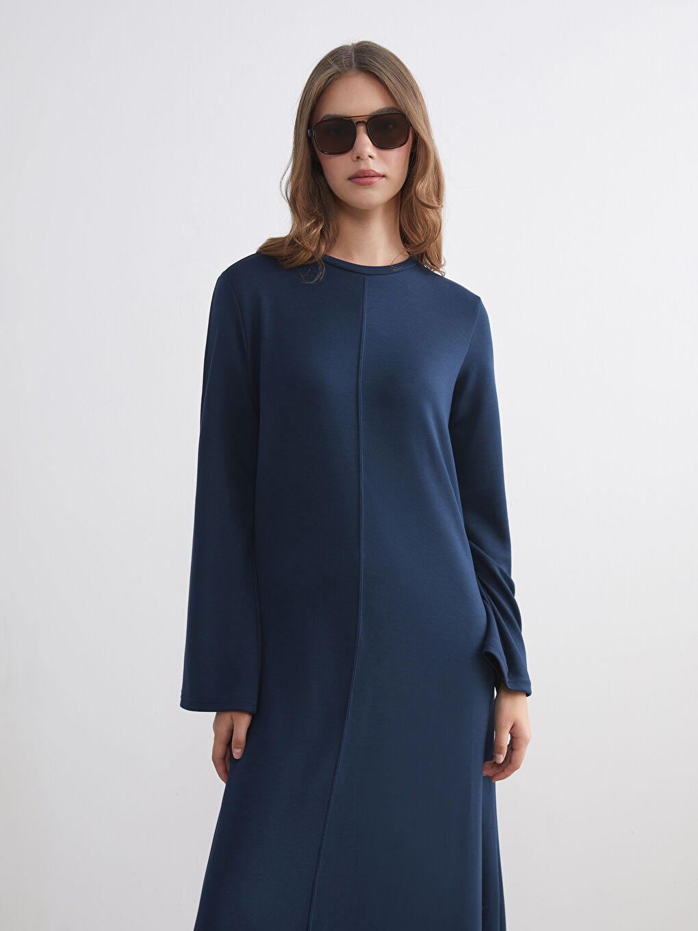 Lacivert Bisiklet Yaka A Kesim Elbise-1