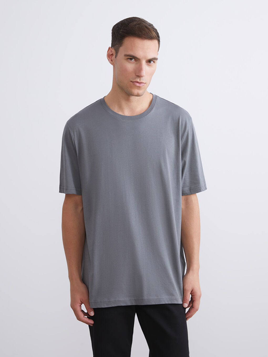 Antrasit Bisiklet Yaka Penye Erkek Tişört 3'lü Paket-2