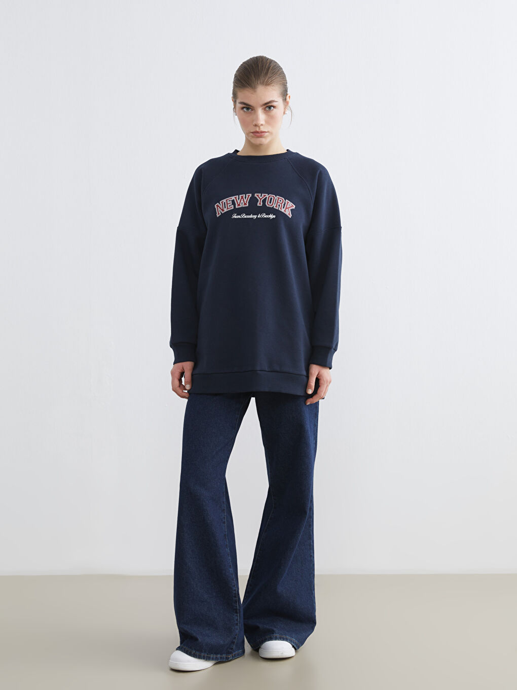 Lacivert Baskılı Oversize Kadın Kalın Sweatshirt Tunik-1