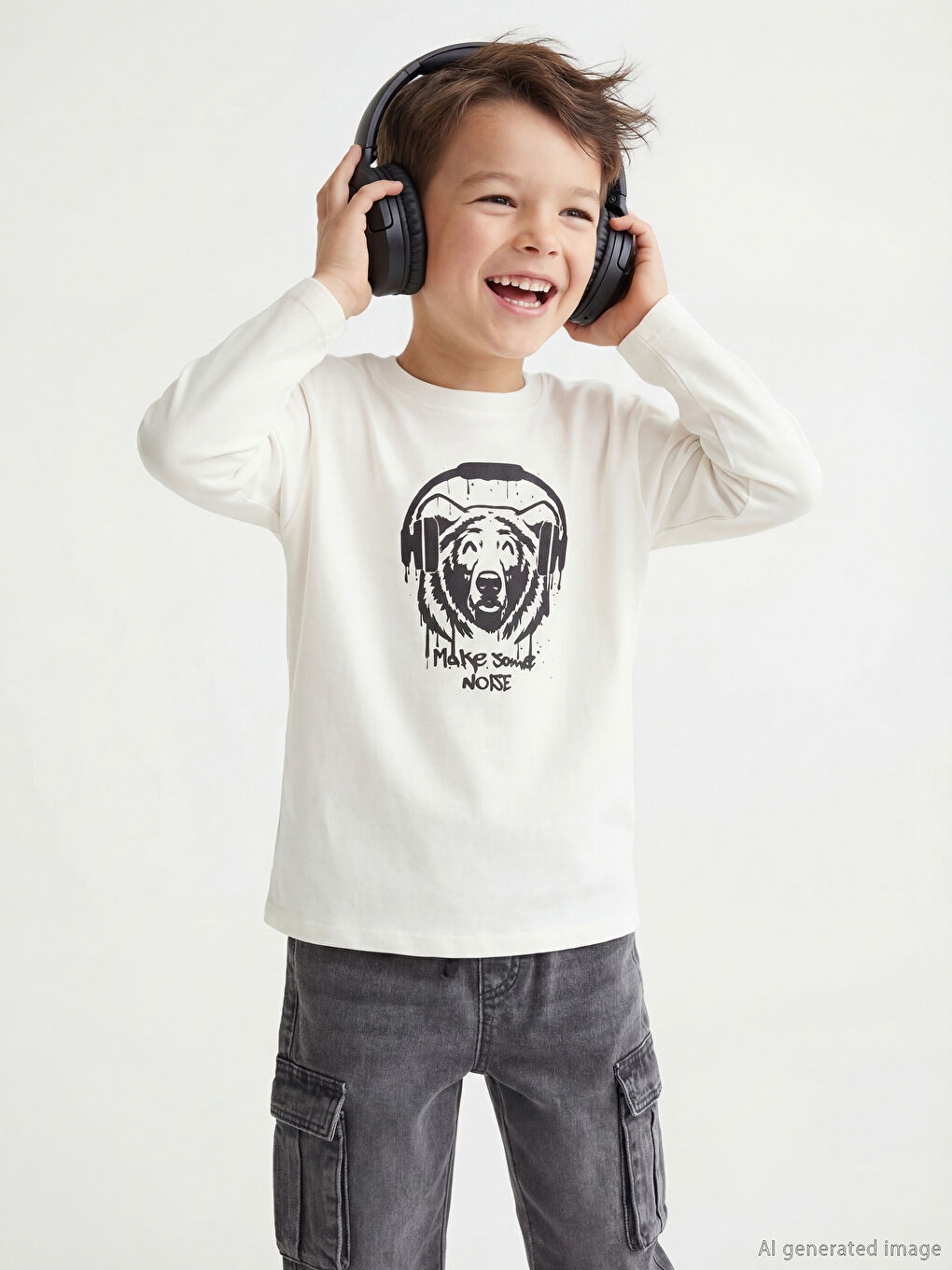 Bej Bisiklet Yaka Baskılı Erkek Çocuk Tişört