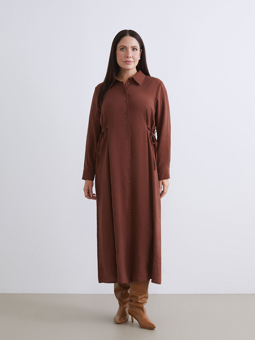 Kahverengi Büzgülü Modal Karışımlı Gömlek Elbise-1