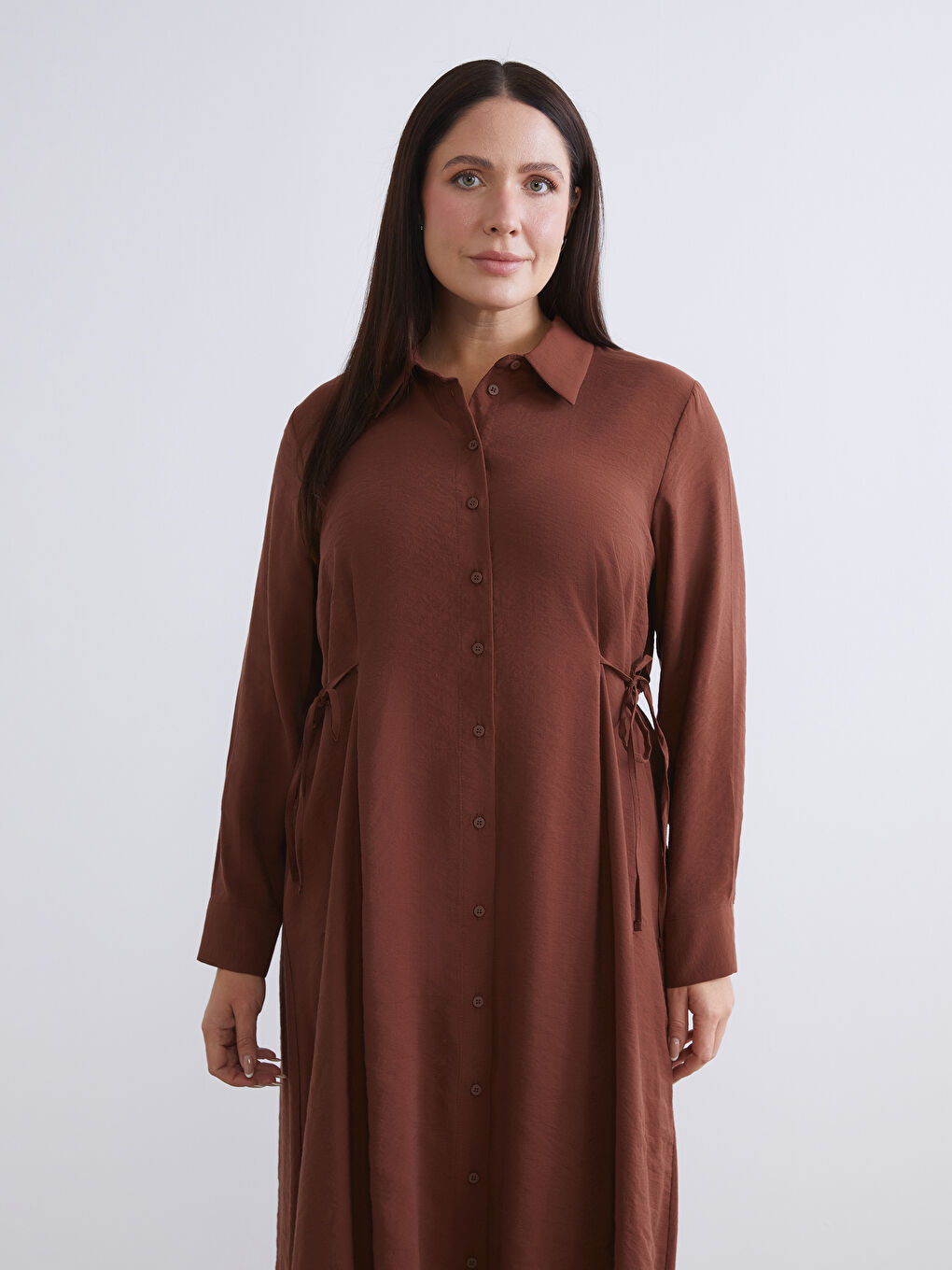 Kahverengi Büzgülü Modal Karışımlı Gömlek Elbise-5