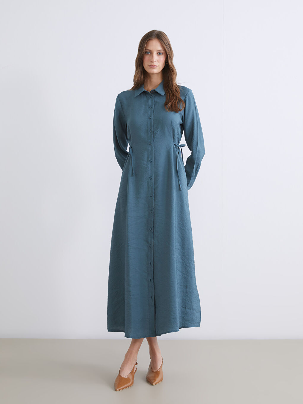 Yeşil Modal Karışımlı Gömlek Elbise-1