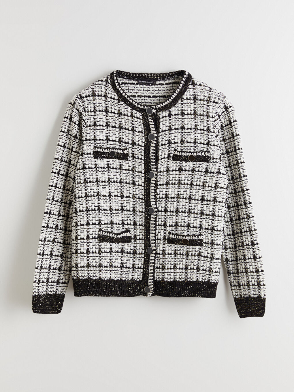 Siyah Bisiklet Yaka Desenli Kadın Triko Hırka-4