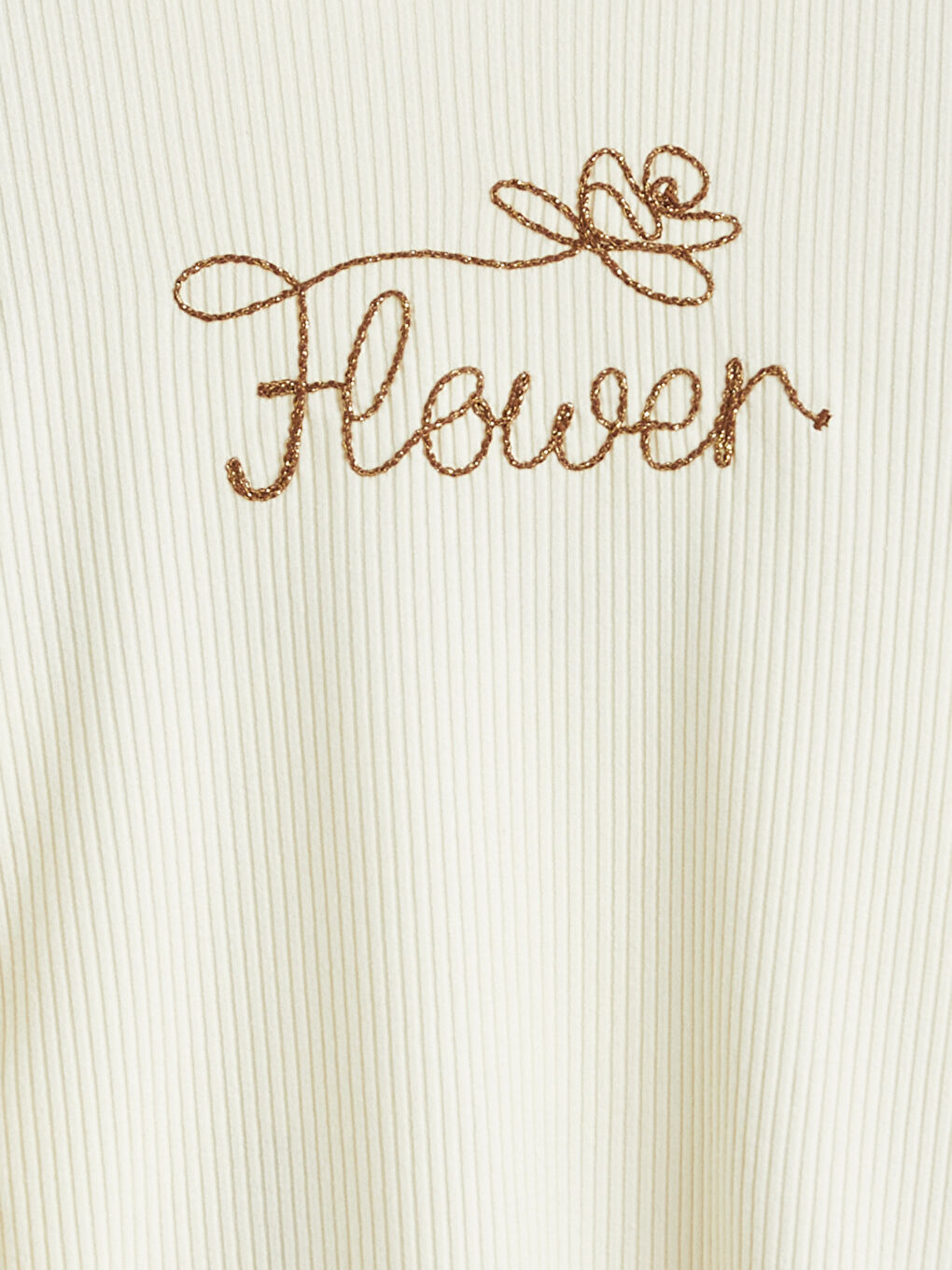 Ekru Bisiklet Yaka Nakışlı Kız Çocuk Tişört-1