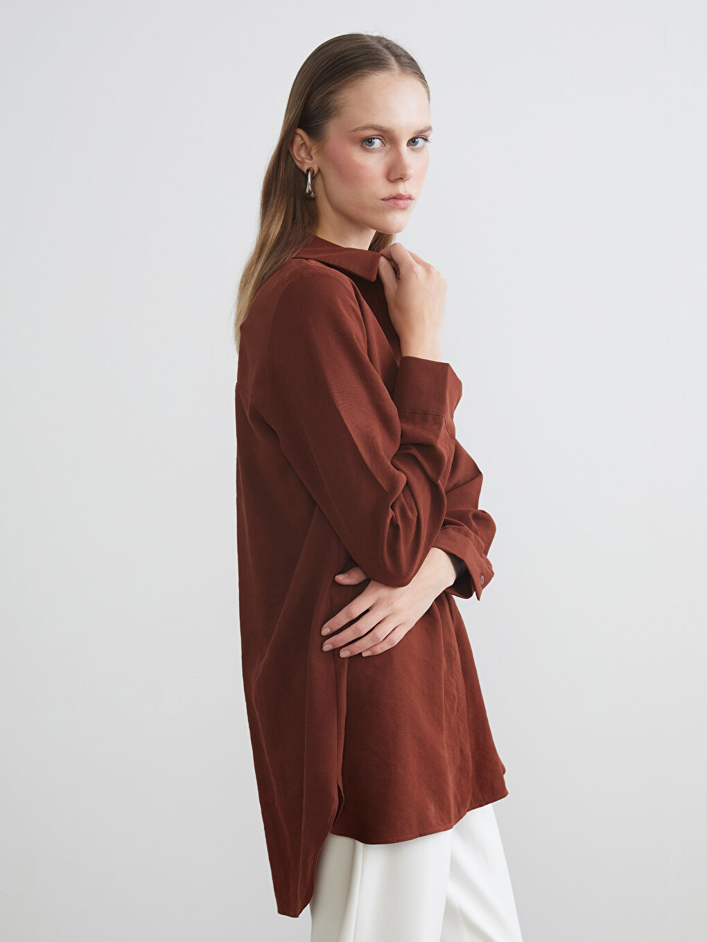 Kahverengi Modal Karışımlı Kadın Gömlek Tunik