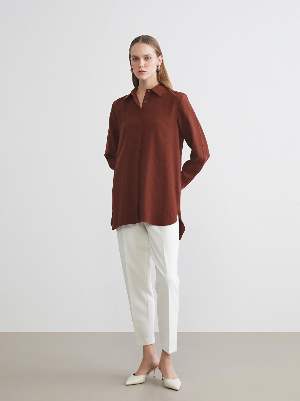 Kahverengi Modal Karışımlı Kadın Gömlek Tunik-1