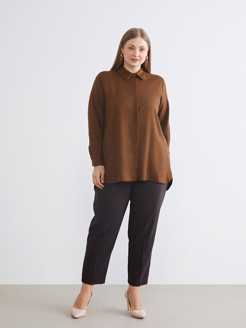 Kahverengi Modal Karışımlı Kadın Gömlek Tunik-3