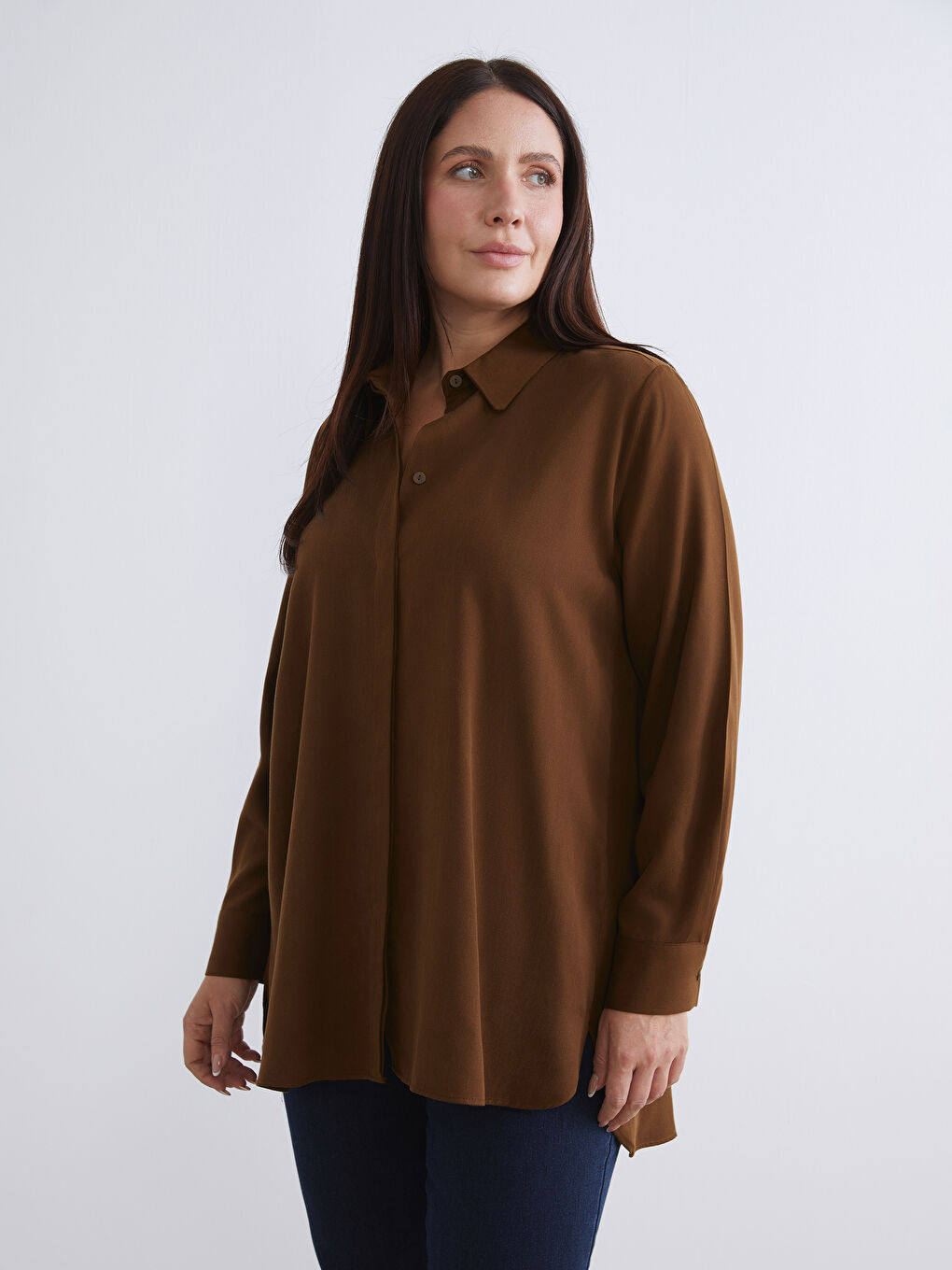 Kahverengi Modal Karışımlı Kadın Gömlek Tunik-1