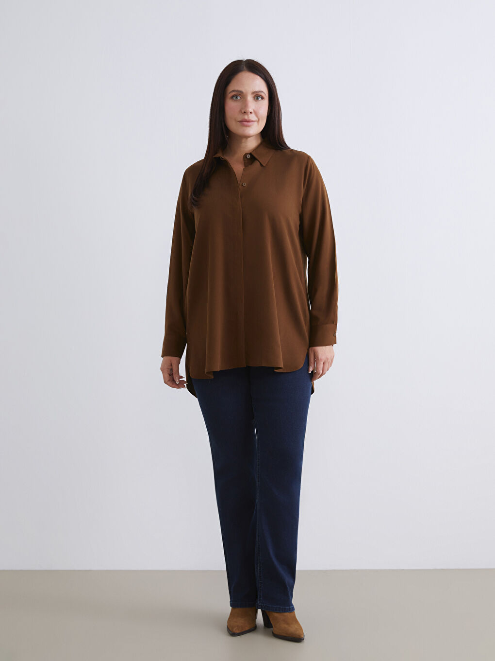 Kahverengi Modal Karışımlı Kadın Gömlek Tunik-2