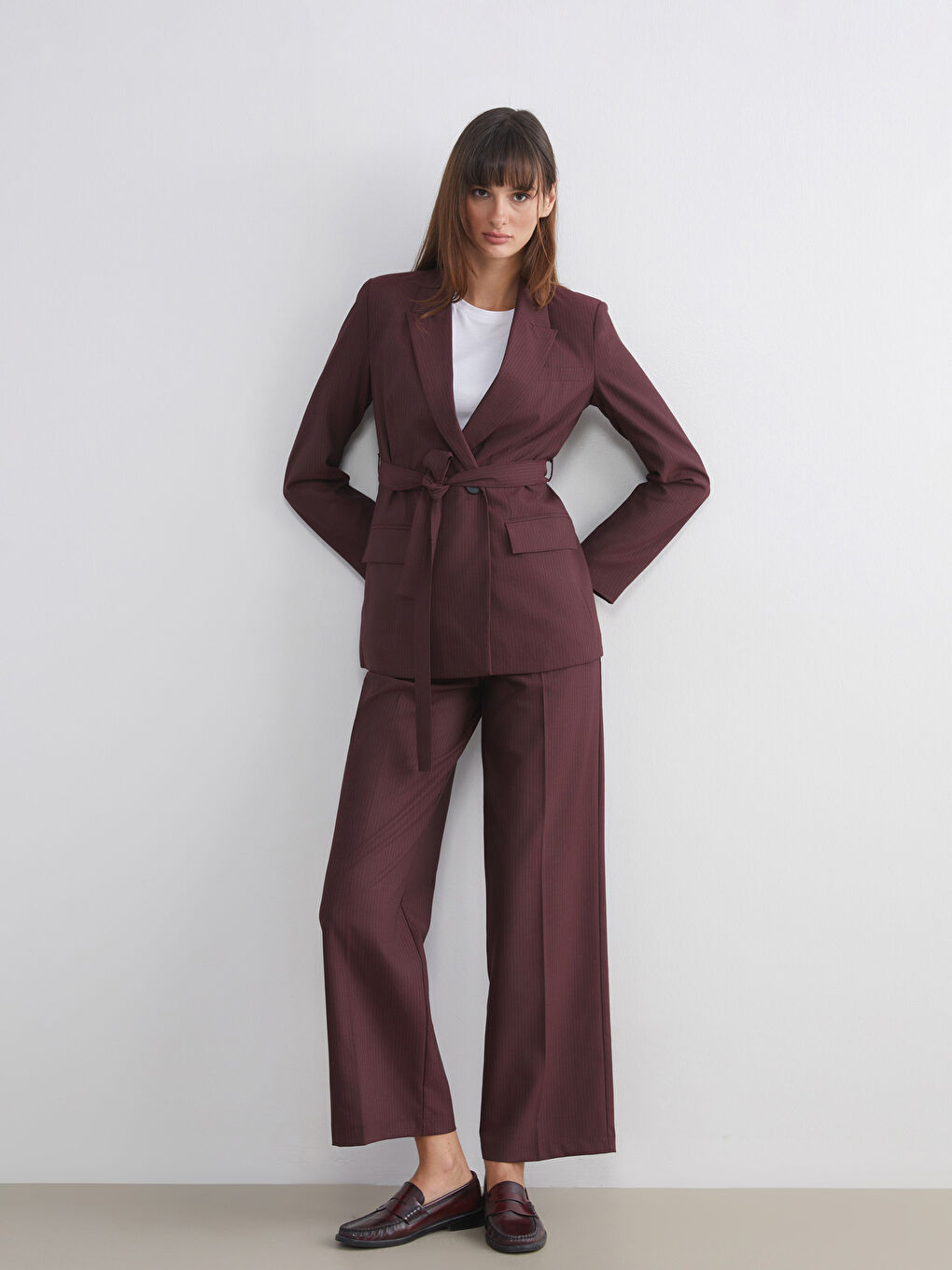 Bordo Loose Fit Çizgili Kadın Pileli Pantolon