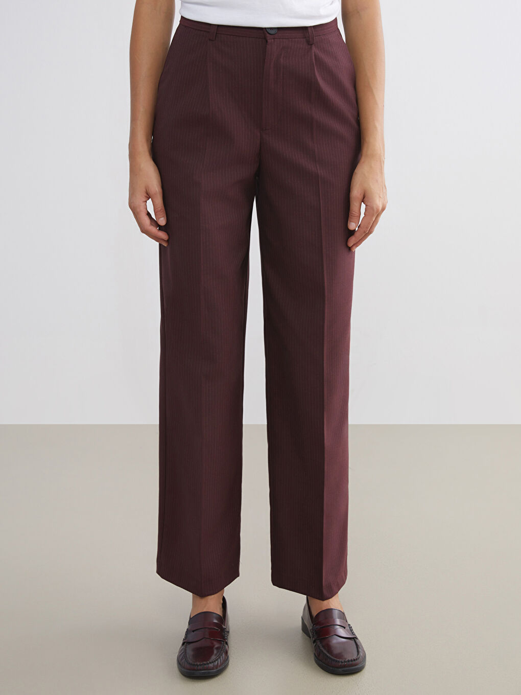 Bordo Loose Fit Çizgili Kadın Pileli Pantolon-1