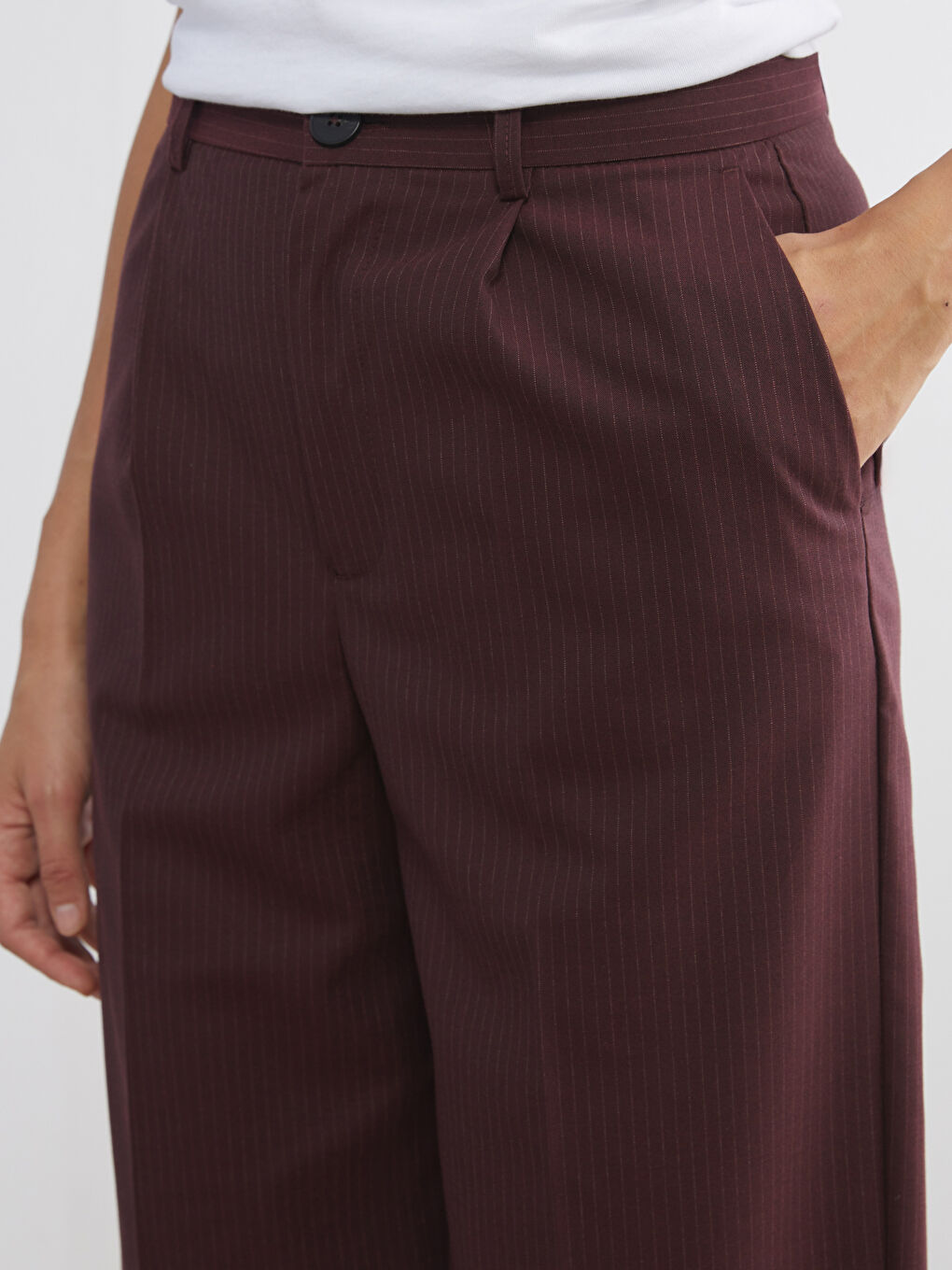 Bordo Loose Fit Çizgili Kadın Pileli Pantolon-2