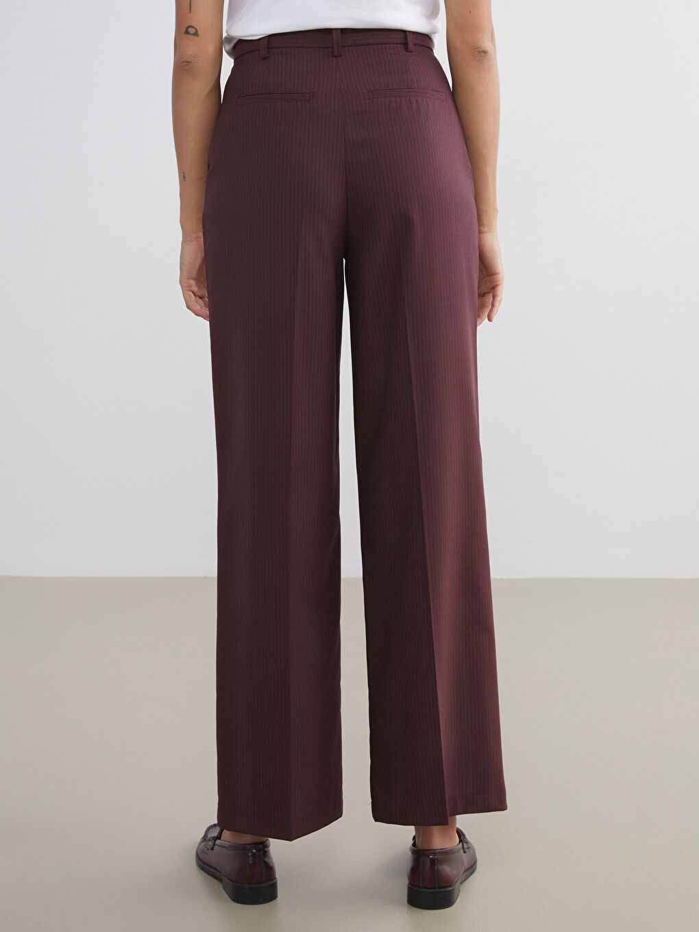 Bordo Loose Fit Çizgili Kadın Pileli Pantolon-3