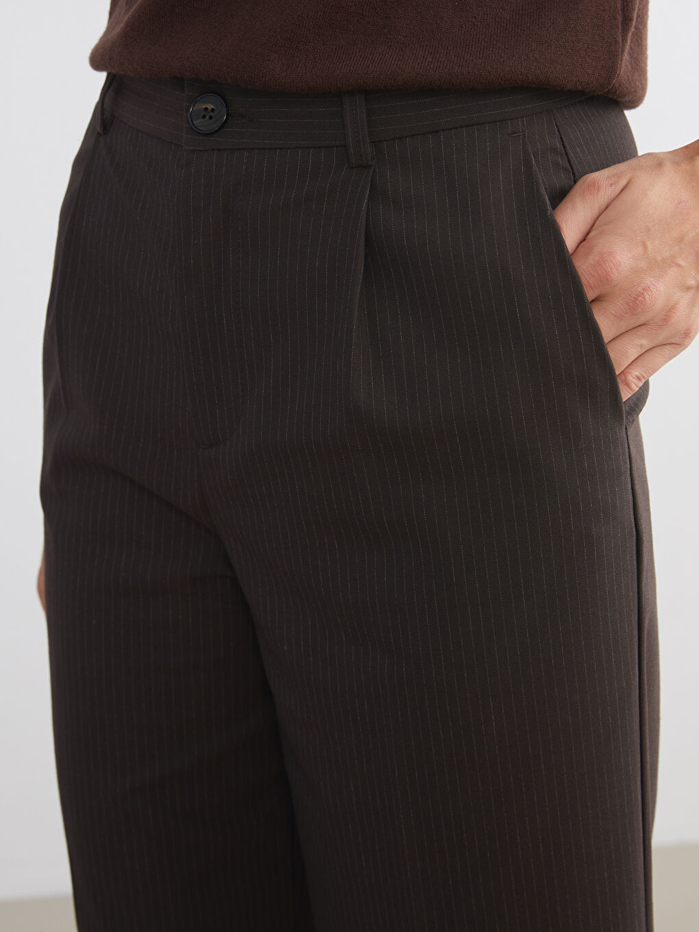 Kahverengi Loose Fit Çizgili Kadın Pileli Pantolon-2