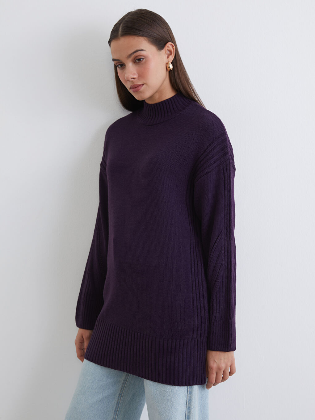 Mor Yarım Balıkçı Yaka Kadın Triko Tunik
