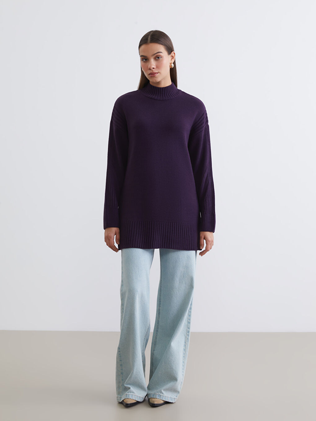 Mor Yarım Balıkçı Yaka Kadın Triko Tunik-1